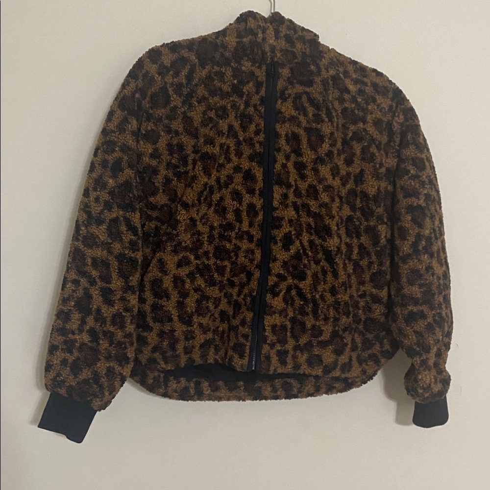 Lou & grey Leopard Fleece Jacket bomber hooded women M full zip cozy casual Y2K